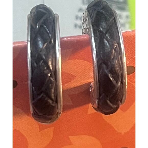 Brighton Women’s Pierced Earrings Silver Plated with Black Braided Leather 1” - Picture 1 of 3